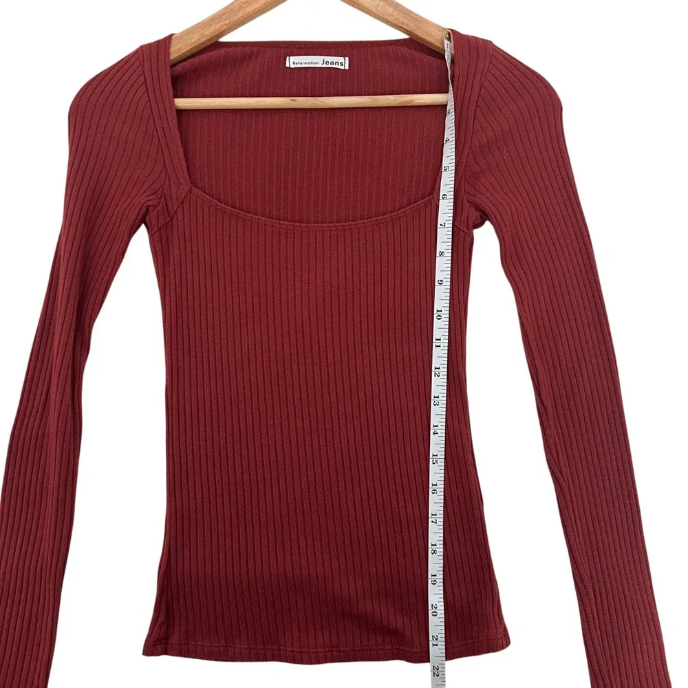 Reformation Bethany Ribbed Square Neck Long Sleeve Top Rust Orange SZ XS